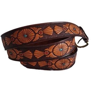 Chambers Top Grain Leather Tooled Tribal Western Turquoise Belt